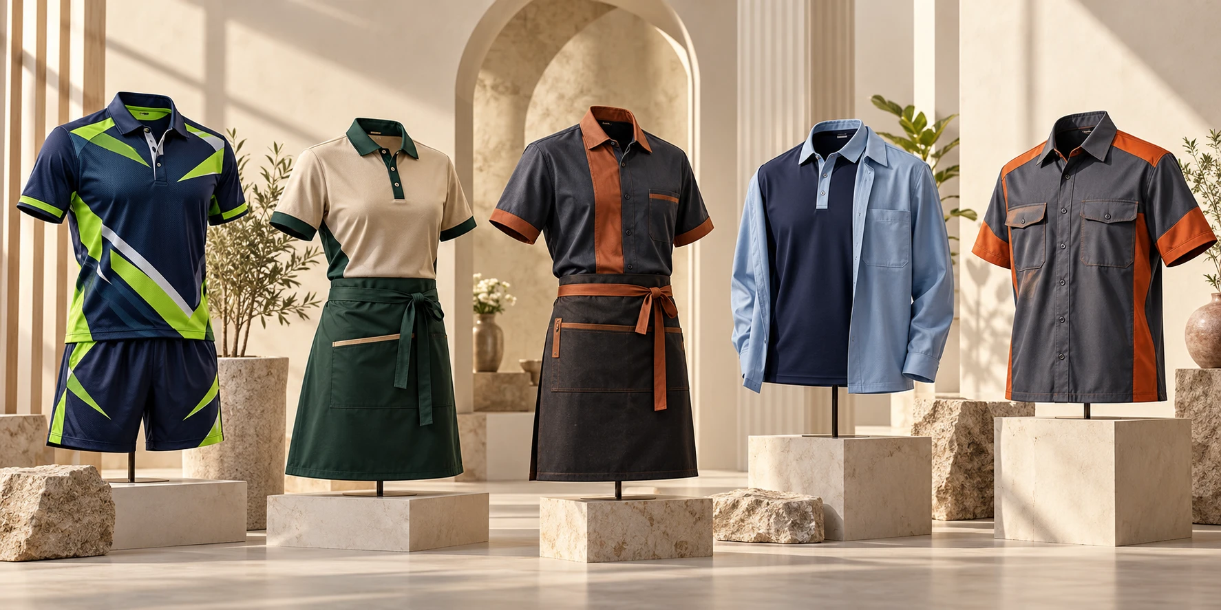 Illustrative rugby, hotel, bar, corporate and manufacturing apparel concepts